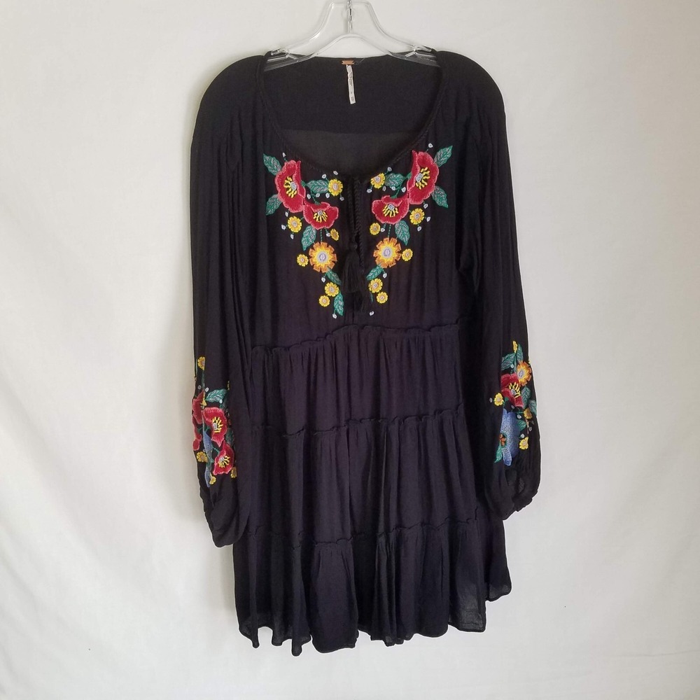 Free People Womens Boho Black Floral Embroidered Long Sleeve Mini Dress Size XS‎
